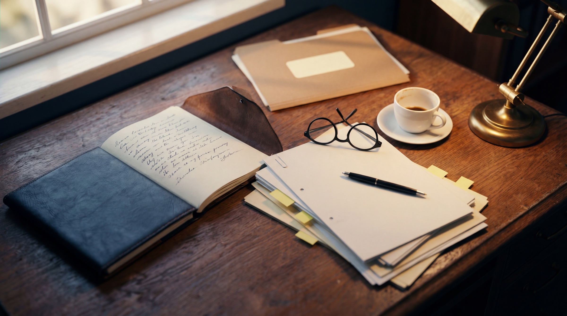 Redaktioneller Schreibtisch mit Notizbuch, Berichten, Brille und Kaffee — Recherche zur Anbieter-Analyse